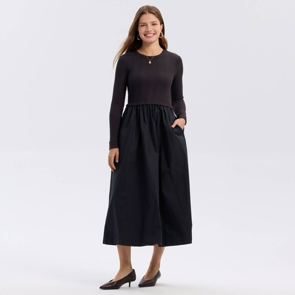 A New Day Long Sleeve Woven Knit‎ Midi Sweater Dress Small Black Mixed Fabric